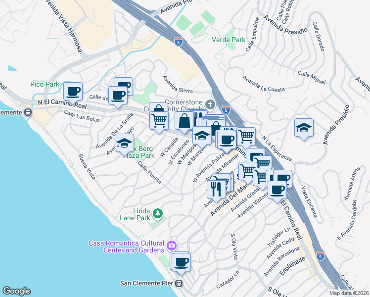 map of restaurants, bars, coffee shops, grocery stores, and more near 111 West Escalones in San Clemente