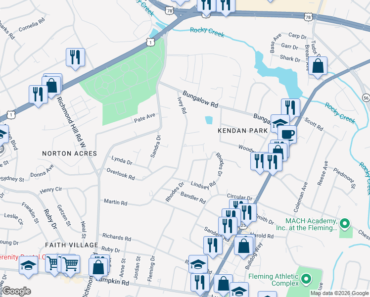 map of restaurants, bars, coffee shops, grocery stores, and more near 2544 Ivey Road in Augusta