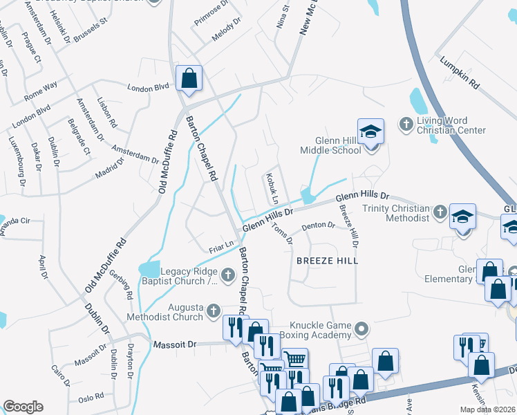 map of restaurants, bars, coffee shops, grocery stores, and more near 3601 Mount View Drive in Augusta