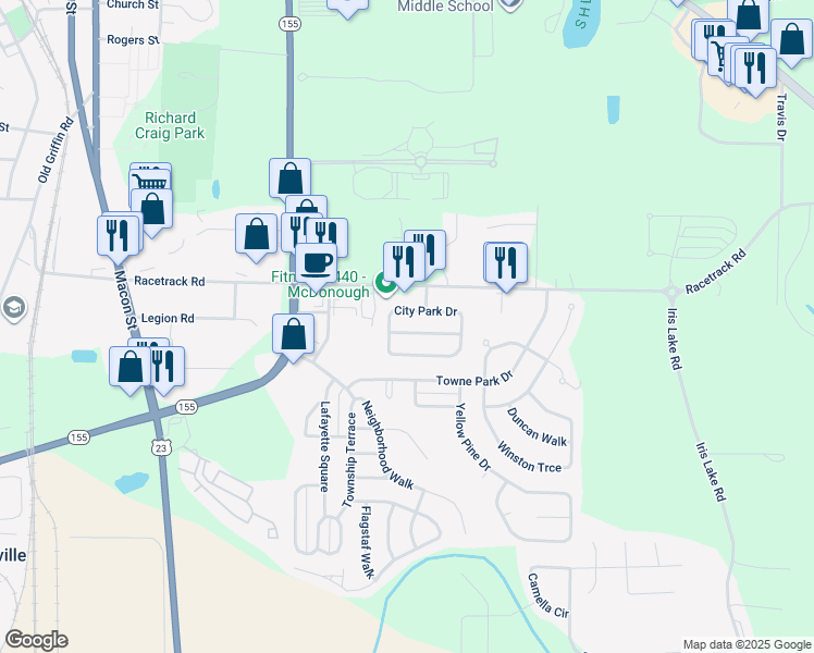 map of restaurants, bars, coffee shops, grocery stores, and more near 5005 Village Run Drive in McDonough