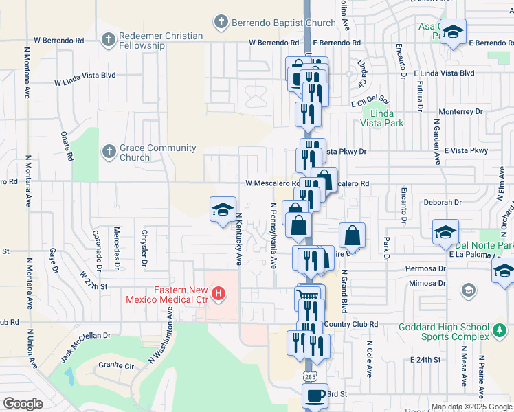 map of restaurants, bars, coffee shops, grocery stores, and more near 2716 North Pennsylvania Avenue in Roswell