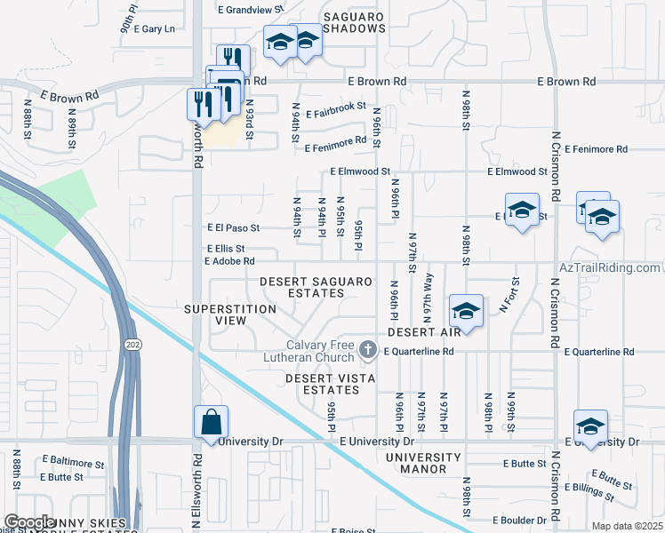 map of restaurants, bars, coffee shops, grocery stores, and more near 9518 East Duncan Street in Mesa