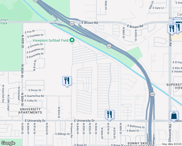 map of restaurants, bars, coffee shops, grocery stores, and more near Ln 2800 in Mesa