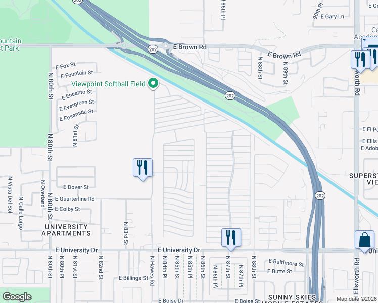 map of restaurants, bars, coffee shops, grocery stores, and more near Ln 2800 in Mesa