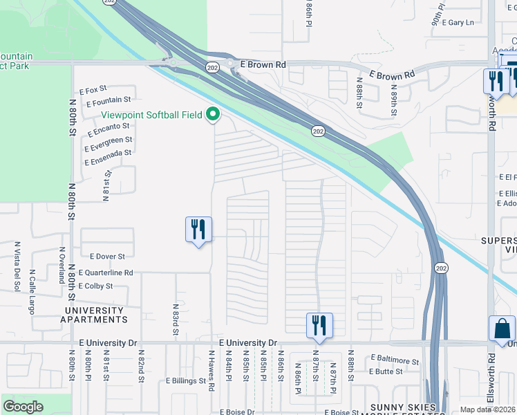 map of restaurants, bars, coffee shops, grocery stores, and more near Ln 2800 in Mesa
