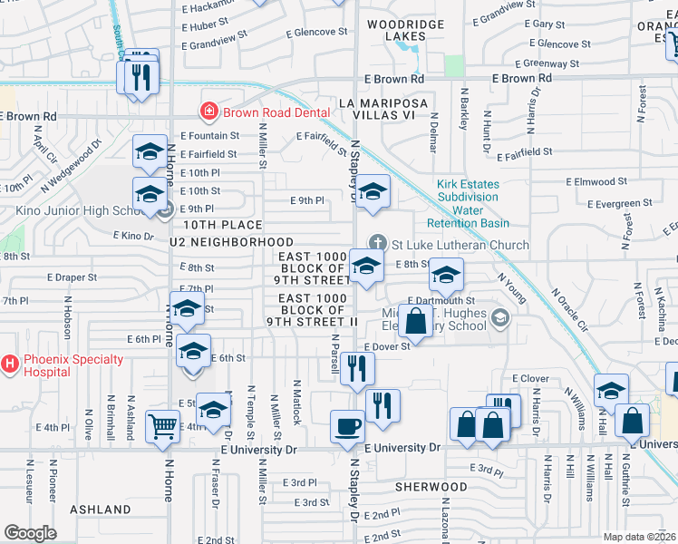 map of restaurants, bars, coffee shops, grocery stores, and more near 1160 East 7th Place in Mesa