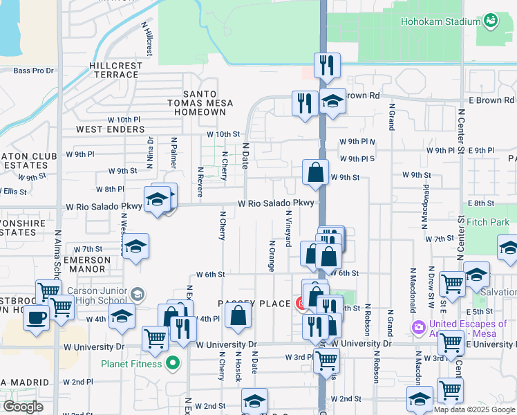 map of restaurants, bars, coffee shops, grocery stores, and more near 738 North Date in Mesa