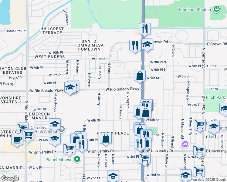 map of restaurants, bars, coffee shops, grocery stores, and more near 738 North Date in Mesa