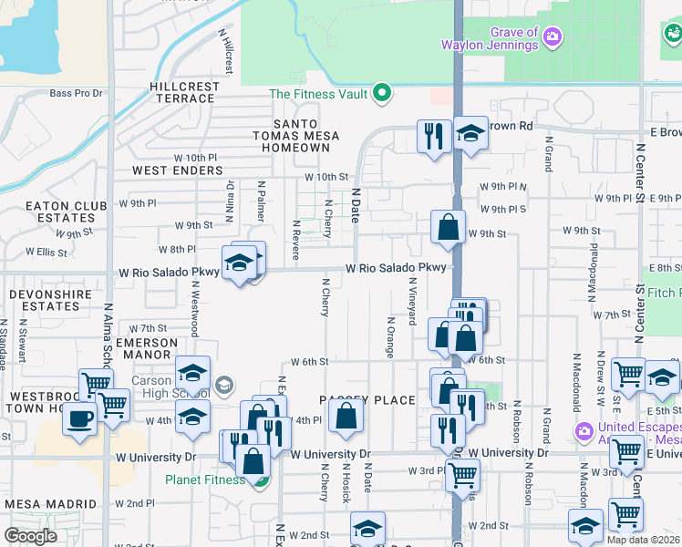 map of restaurants, bars, coffee shops, grocery stores, and more near 743 North Cherry in Mesa