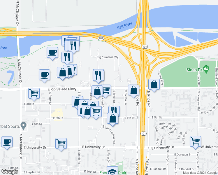 map of restaurants, bars, coffee shops, grocery stores, and more near in Tempe