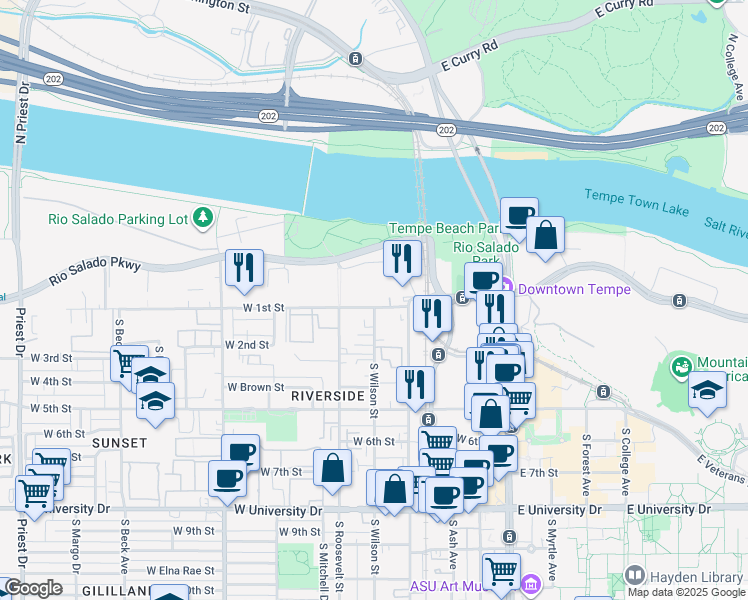 map of restaurants, bars, coffee shops, grocery stores, and more near 513 West 1st Street in Tempe