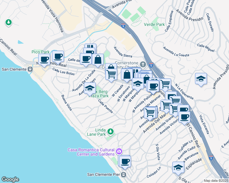 map of restaurants, bars, coffee shops, grocery stores, and more near 129 West Canada in San Clemente