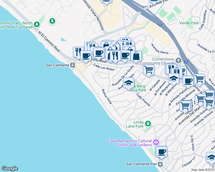 map of restaurants, bars, coffee shops, grocery stores, and more near in San Clemente