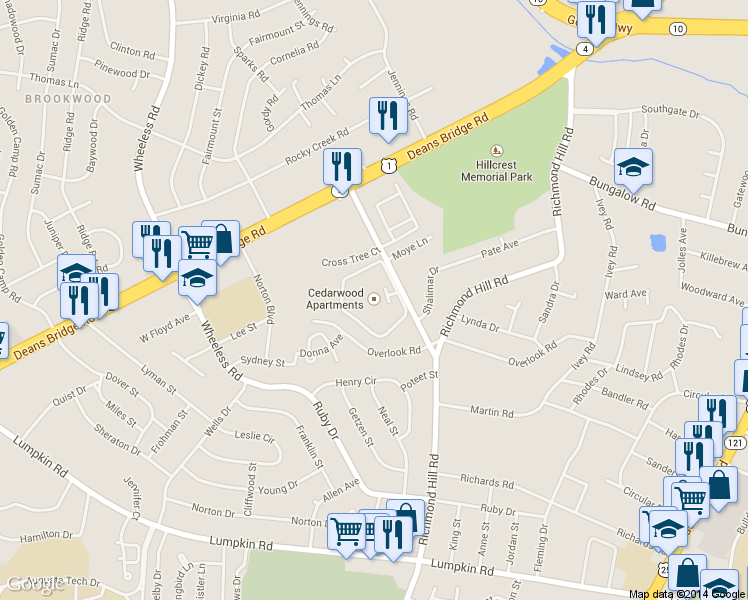 map of restaurants, bars, coffee shops, grocery stores, and more near 527 Richmond Hill Road West in Augusta
