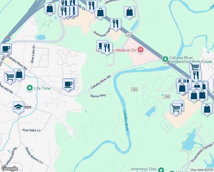 map of restaurants, bars, coffee shops, grocery stores, and more near 2540 Genoa Way in Birmingham