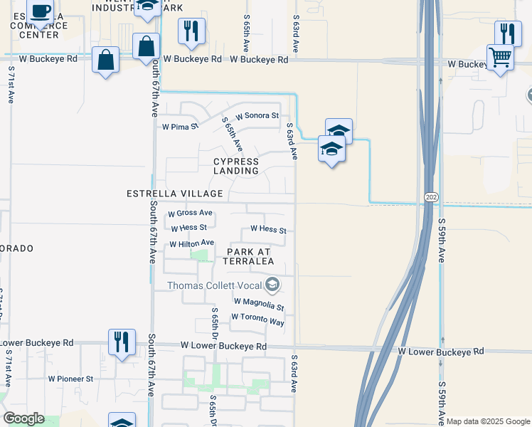 map of restaurants, bars, coffee shops, grocery stores, and more near 6330 West Gross Avenue in Phoenix