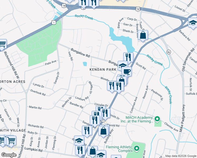 map of restaurants, bars, coffee shops, grocery stores, and more near 2213 Woodward Avenue in Augusta
