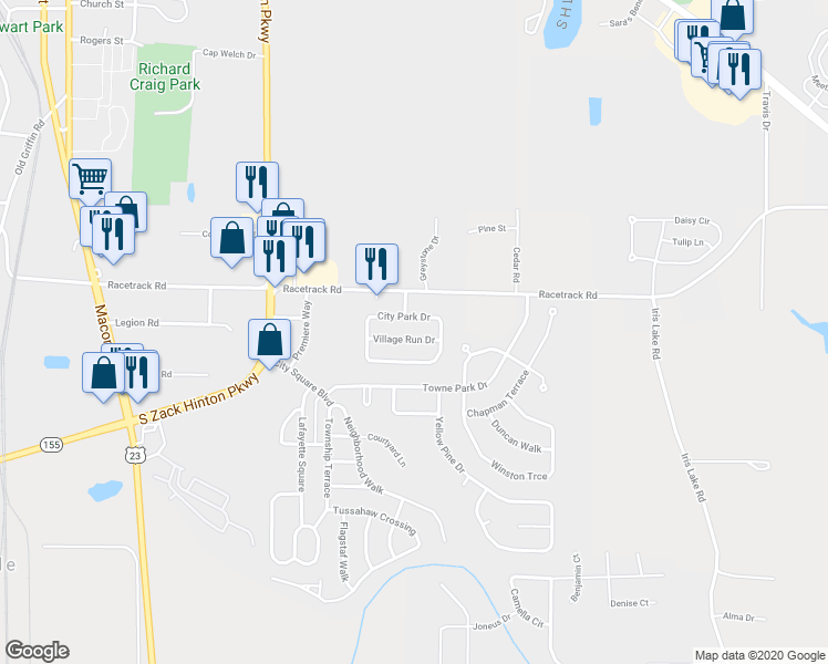 map of restaurants, bars, coffee shops, grocery stores, and more near 3025 Village Run Drive in McDonough