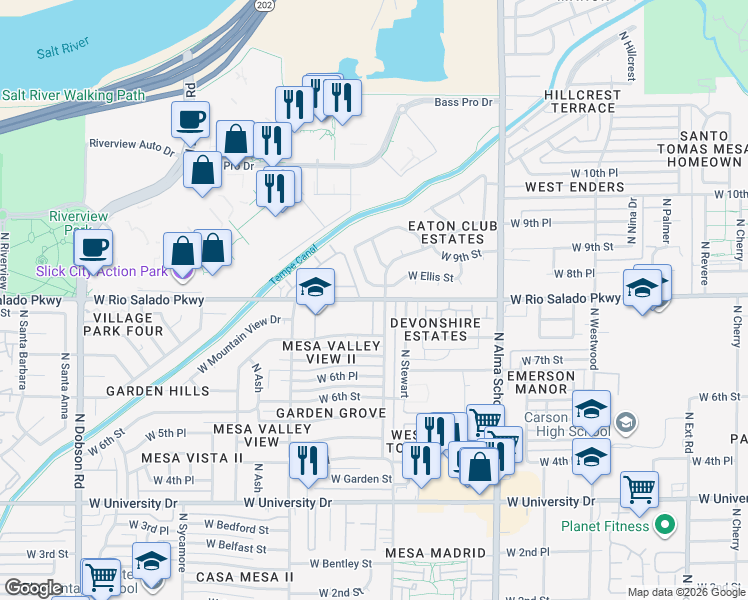 map of restaurants, bars, coffee shops, grocery stores, and more near West Rio Salado Parkway in Mesa