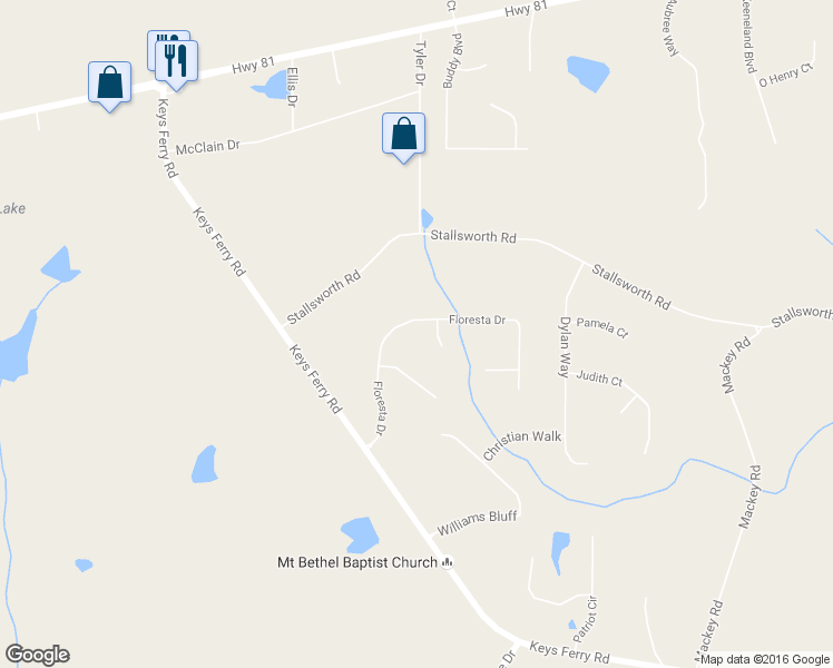 map of restaurants, bars, coffee shops, grocery stores, and more near 134 Floresta Drive in McDonough