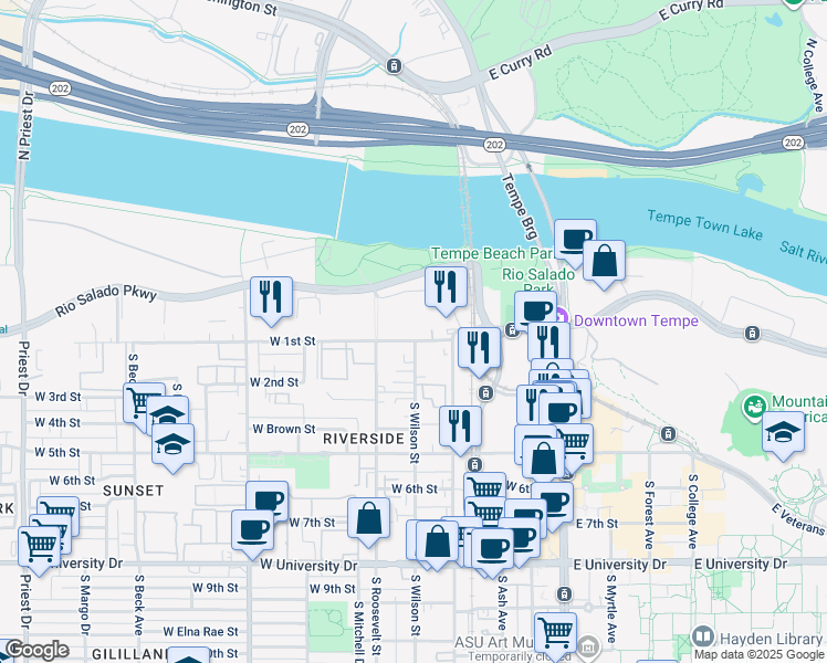 map of restaurants, bars, coffee shops, grocery stores, and more near 500 West 1st Street in Tempe