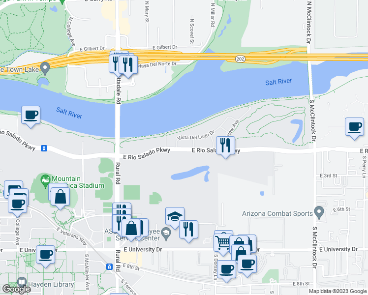 map of restaurants, bars, coffee shops, grocery stores, and more near 1200 East Rio Salado Parkway in Tempe