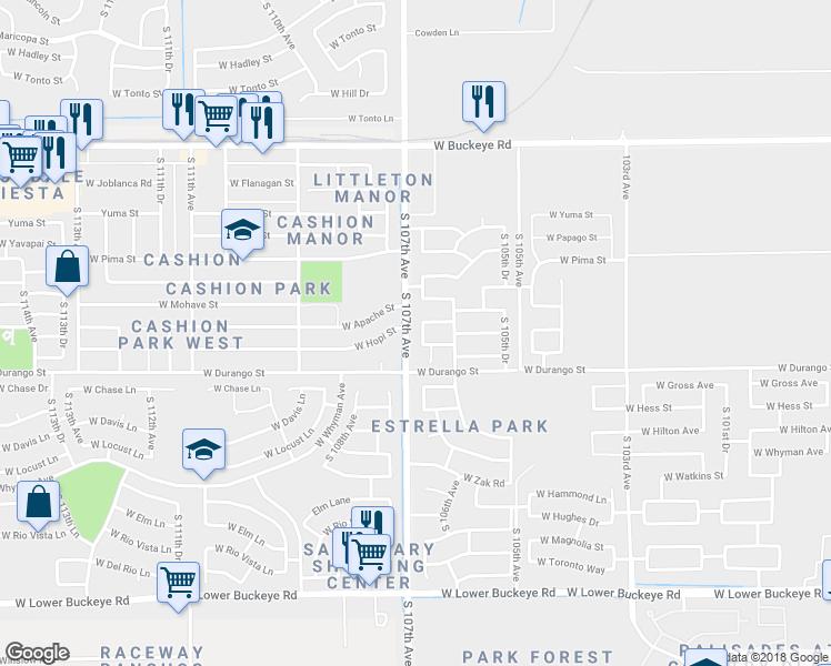 map of restaurants, bars, coffee shops, grocery stores, and more near 1816 South 106th Lane in Tolleson