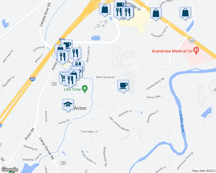 map of restaurants, bars, coffee shops, grocery stores, and more near 4822 Cahaba River Road in Vestavia Hills