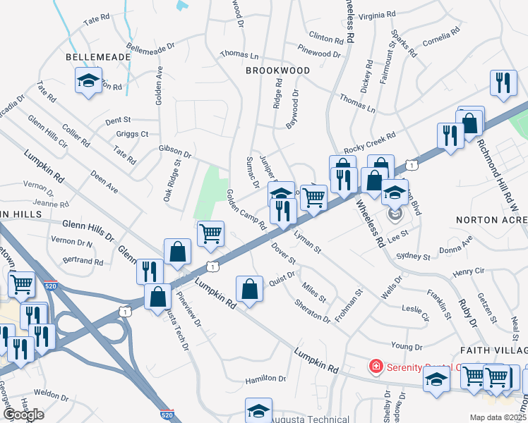 map of restaurants, bars, coffee shops, grocery stores, and more near 3052 Acorn Road in Augusta