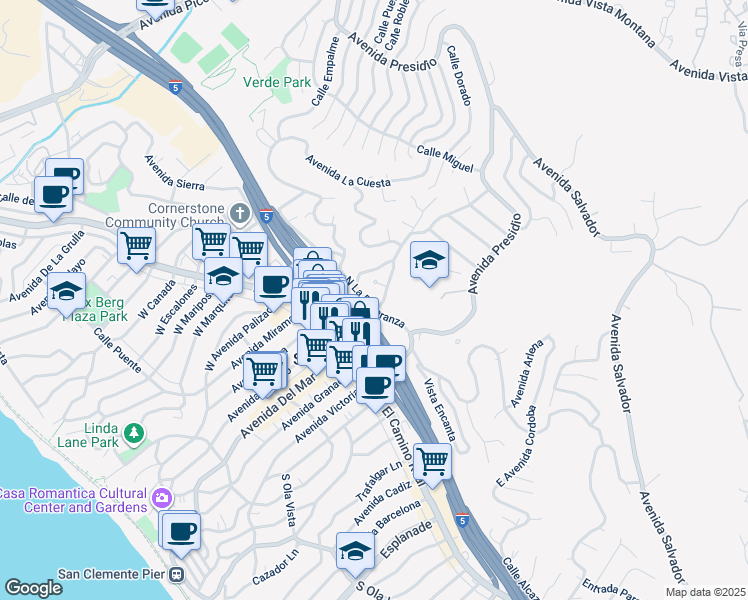 map of restaurants, bars, coffee shops, grocery stores, and more near 111 El Levante in San Clemente