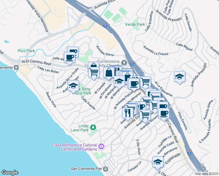 map of restaurants, bars, coffee shops, grocery stores, and more near 109 West Escalones in San Clemente