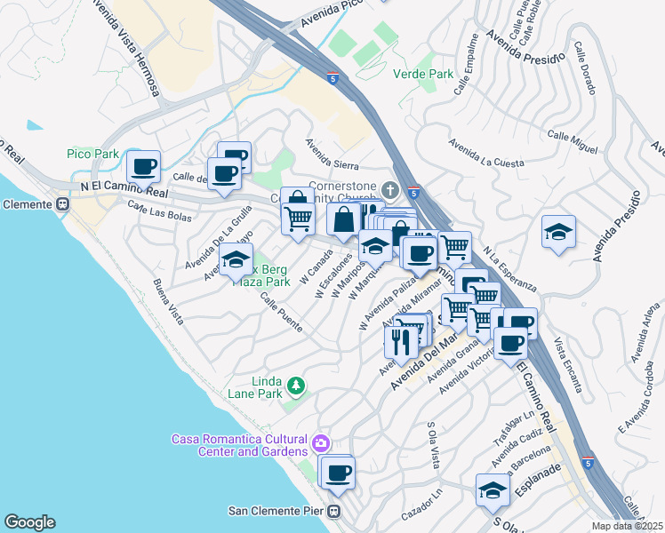 map of restaurants, bars, coffee shops, grocery stores, and more near 126 West Mariposa in San Clemente