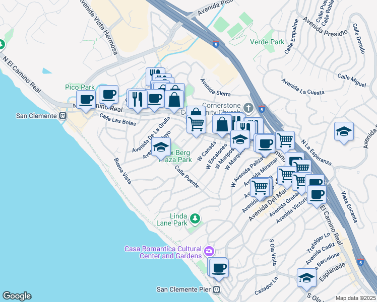 map of restaurants, bars, coffee shops, grocery stores, and more near 161 Avenida Del Poniente in San Clemente