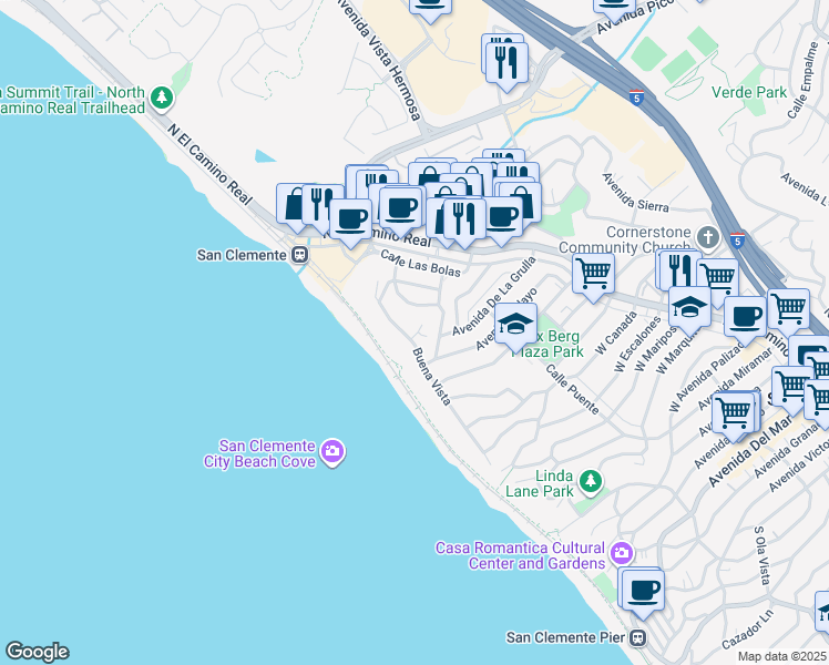 map of restaurants, bars, coffee shops, grocery stores, and more near 1501 Buena Vista in San Clemente