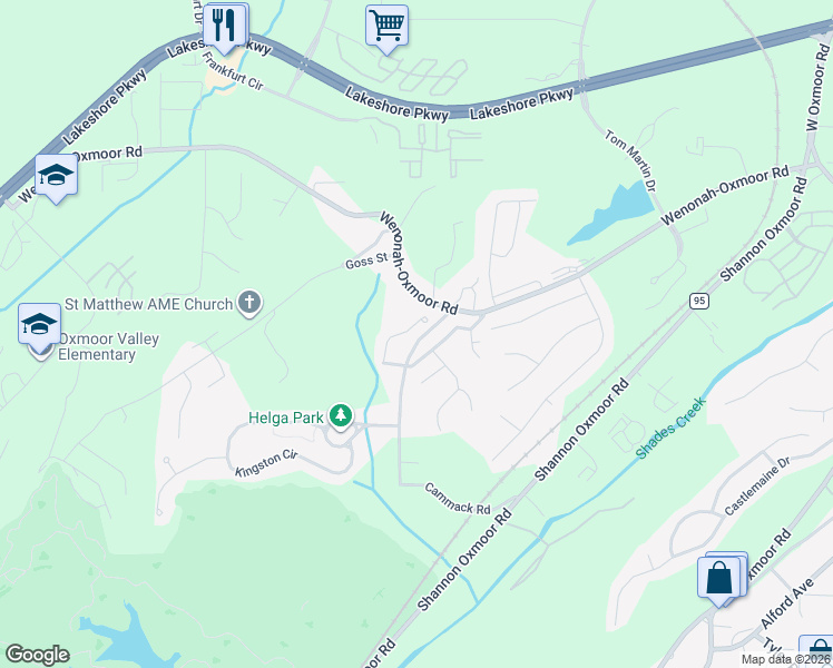 map of restaurants, bars, coffee shops, grocery stores, and more near 2600 Singapore Drive in Birmingham