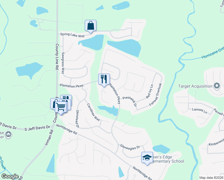 map of restaurants, bars, coffee shops, grocery stores, and more near 11935 Plantation Parkway in Fayetteville