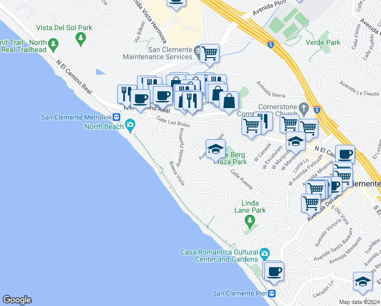 map of restaurants, bars, coffee shops, grocery stores, and more near 219 Avenida De La Grulla in San Clemente