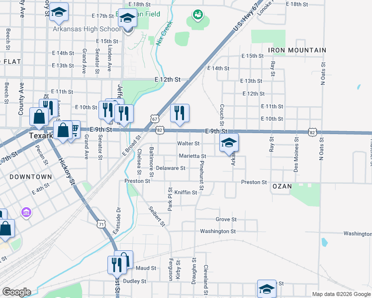 map of restaurants, bars, coffee shops, grocery stores, and more near 618 Charles Street in Texarkana