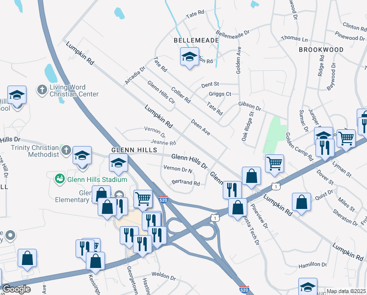 map of restaurants, bars, coffee shops, grocery stores, and more near 2715 Glenn Hills Drive in Augusta