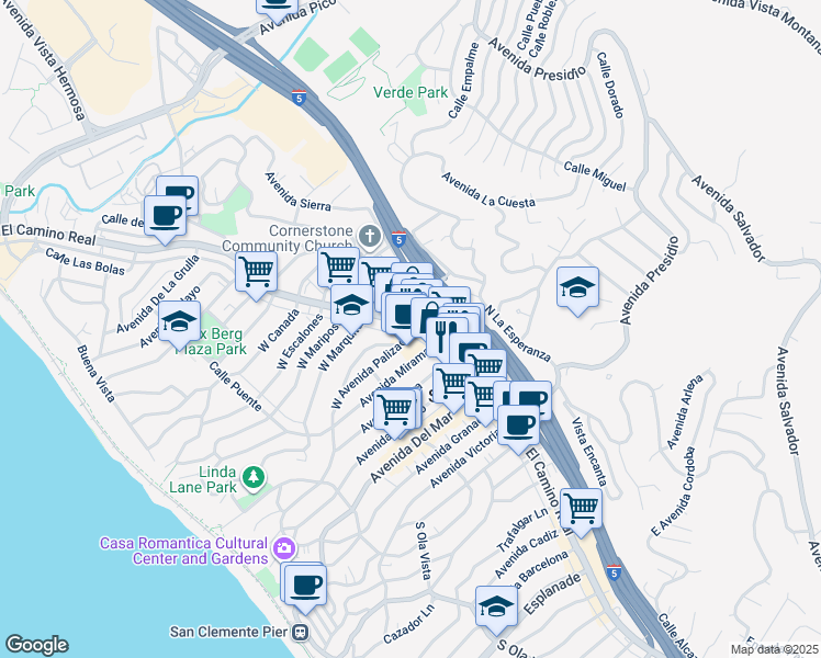 map of restaurants, bars, coffee shops, grocery stores, and more near 106 Avenida Miramar in San Clemente