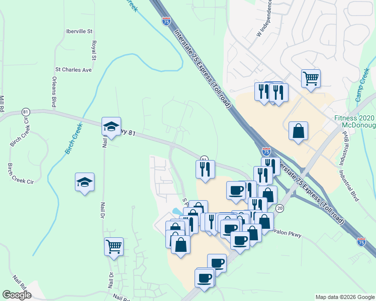 map of restaurants, bars, coffee shops, grocery stores, and more near 268-426 Highway 81 in McDonough