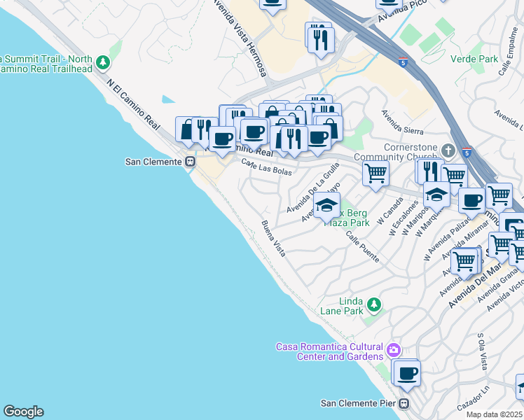 map of restaurants, bars, coffee shops, grocery stores, and more near 1502 Buena Vista in San Clemente