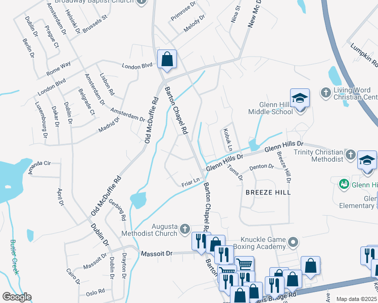 map of restaurants, bars, coffee shops, grocery stores, and more near 2443 Barton Chapel Road in Augusta