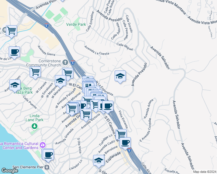 map of restaurants, bars, coffee shops, grocery stores, and more near 110 El Levante in San Clemente