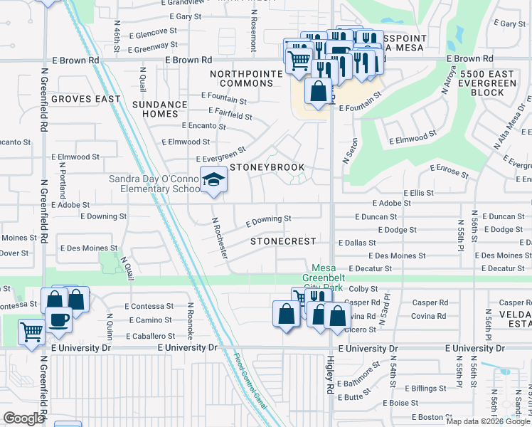 map of restaurants, bars, coffee shops, grocery stores, and more near 5016 East Dartmouth Street in Mesa