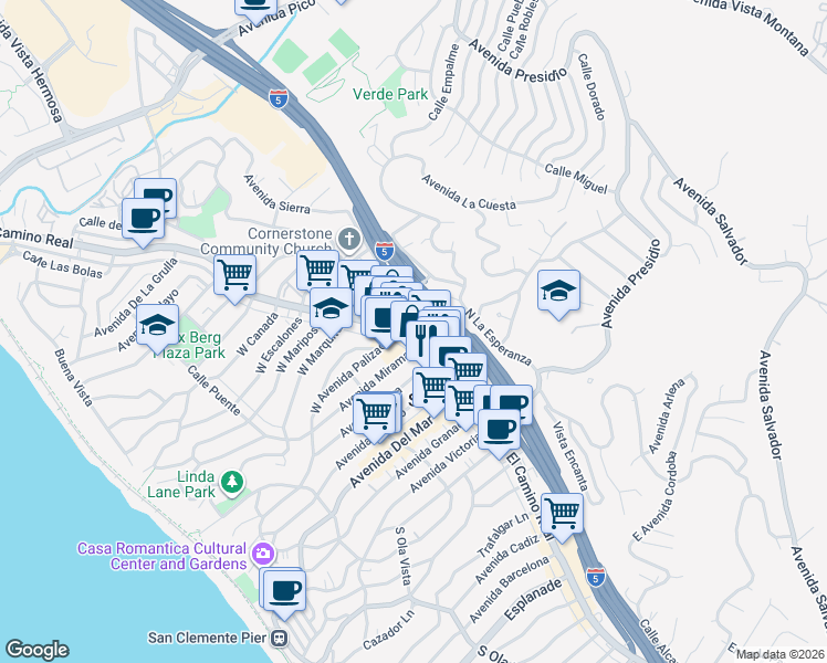 map of restaurants, bars, coffee shops, grocery stores, and more near 415 North El Camino Real in San Clemente