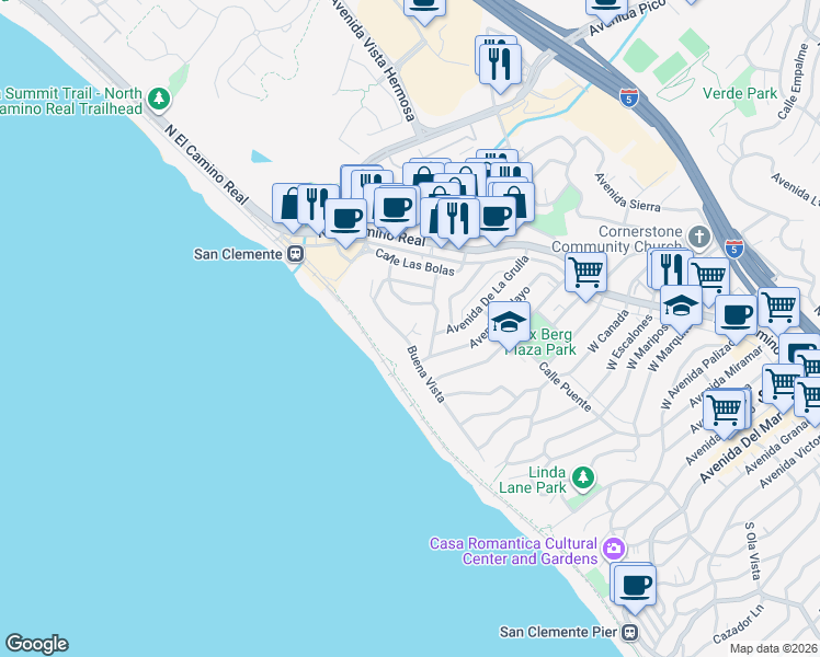 map of restaurants, bars, coffee shops, grocery stores, and more near 1502 Buena Vista in San Clemente