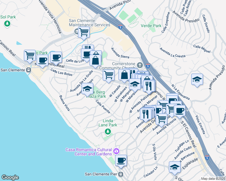map of restaurants, bars, coffee shops, grocery stores, and more near 118 West Canada in San Clemente