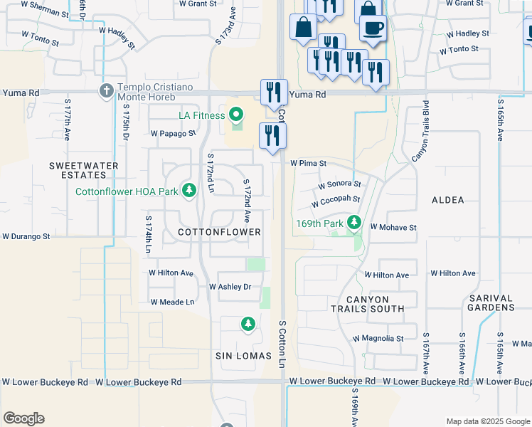 map of restaurants, bars, coffee shops, grocery stores, and more near 17141 West Mohave Street in Goodyear