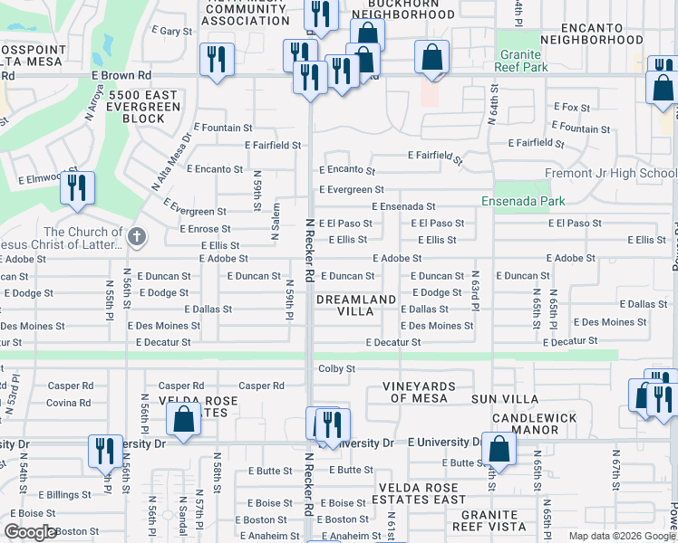 map of restaurants, bars, coffee shops, grocery stores, and more near 6032 East Dodge Street in Mesa